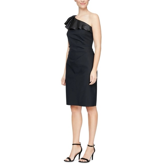Alex & Eve by Alex Evenings Black Ruffled One-Shoulder Sheath Dress. - Picture 1 of 8